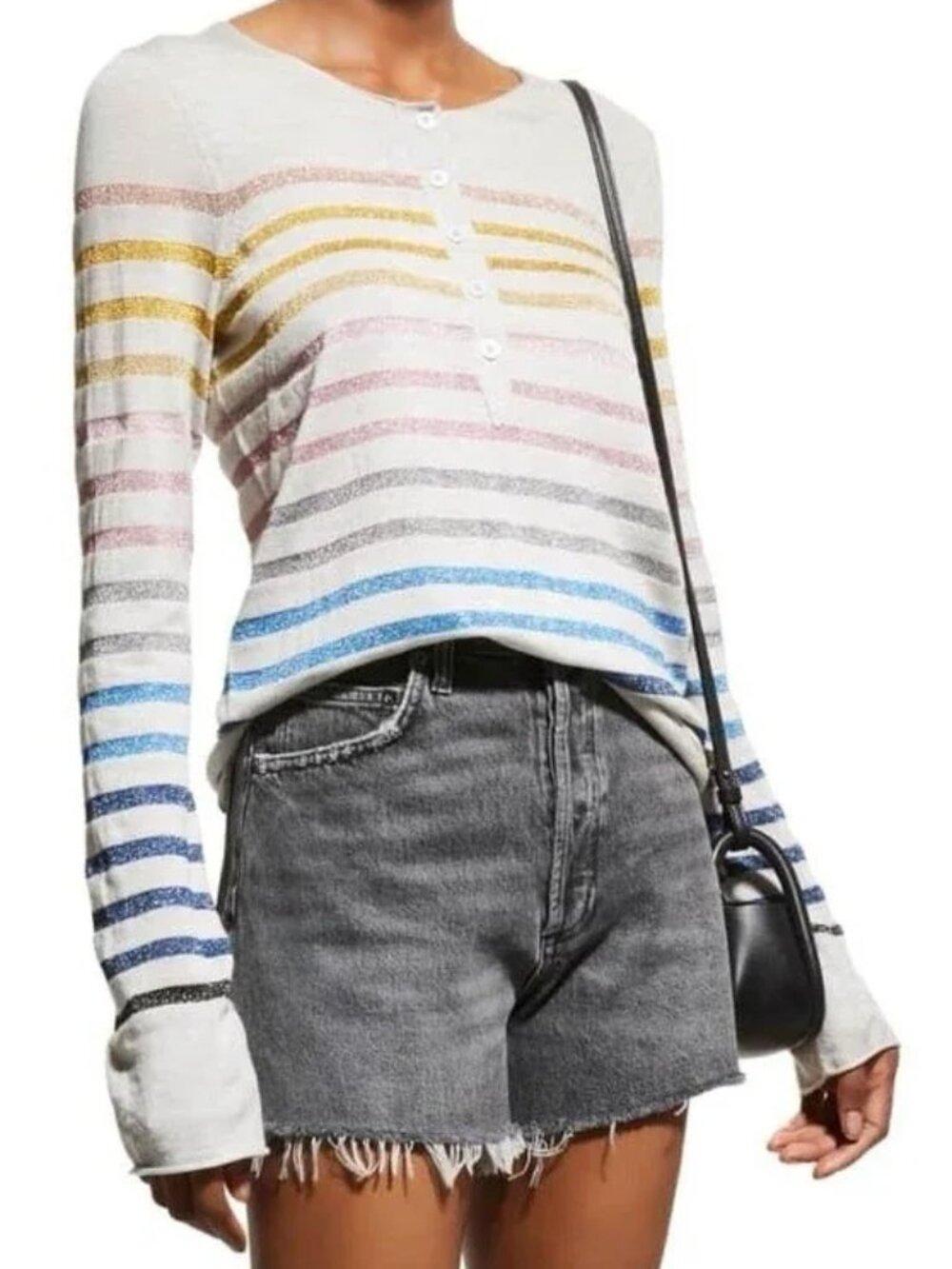 Zadig & Voltaire Hila Lurex Metallic Rainbow Striped Sweater Henley Size Small